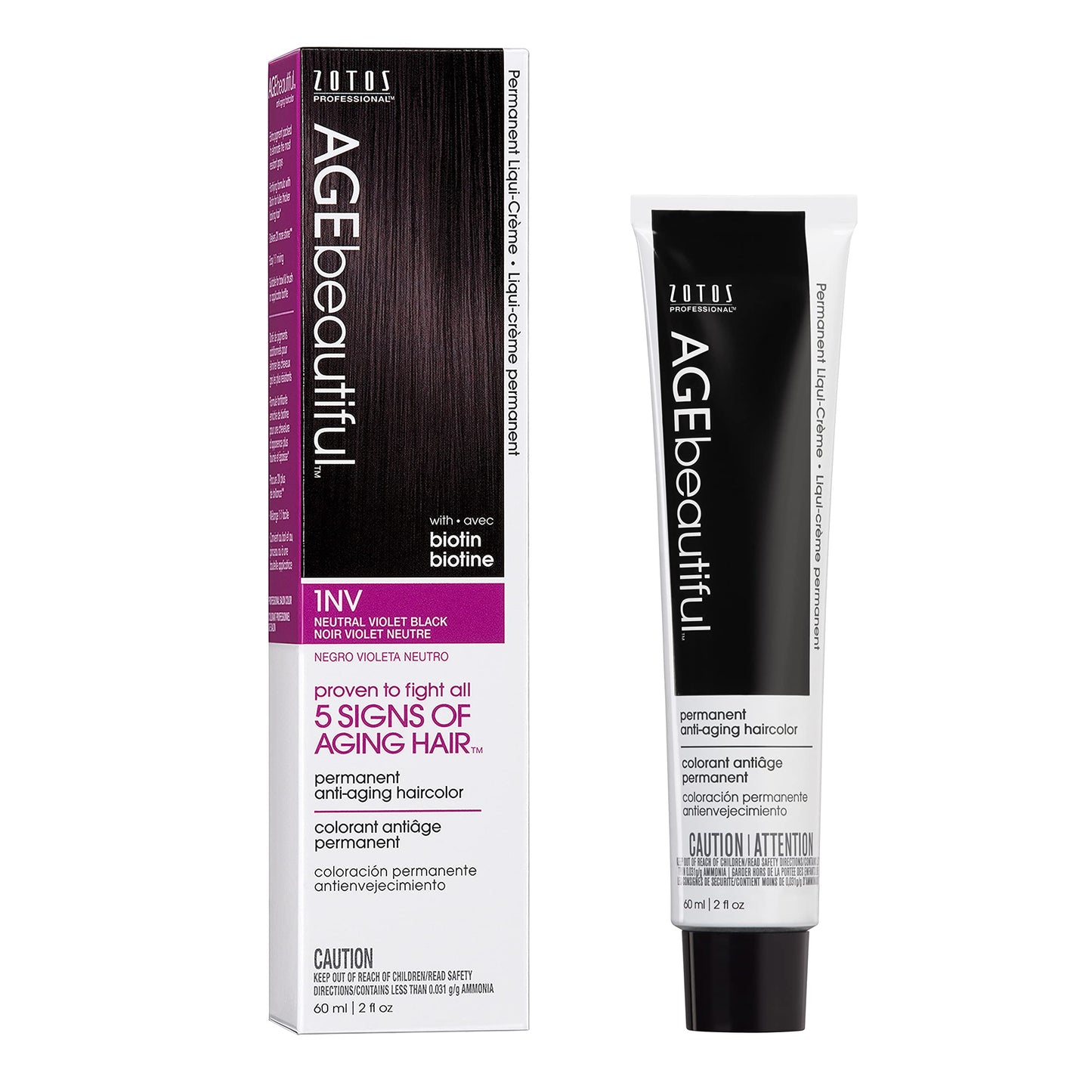 AGE beautiful Permanent Hair Dye 1NV Neutral Violet Black - Cool Violet Black Hair Color Cream with 100% Gray Coverage, Anti-Aging Biotin Formula for Thicker, Fuller Hair, Professional Salon Quality