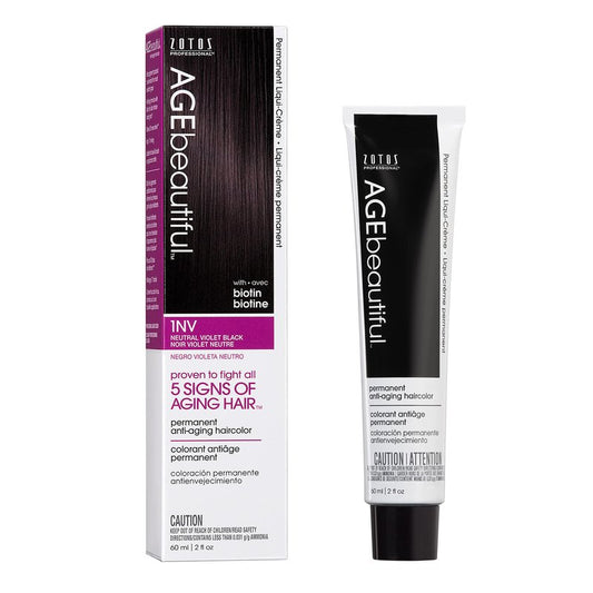 AGE beautiful Permanent Hair Dye 1NV Neutral Violet Black - Cool Violet Black Hair Color Cream with 100% Gray Coverage, Anti-Aging Biotin Formula for Thicker, Fuller Hair, Professional Salon Quality