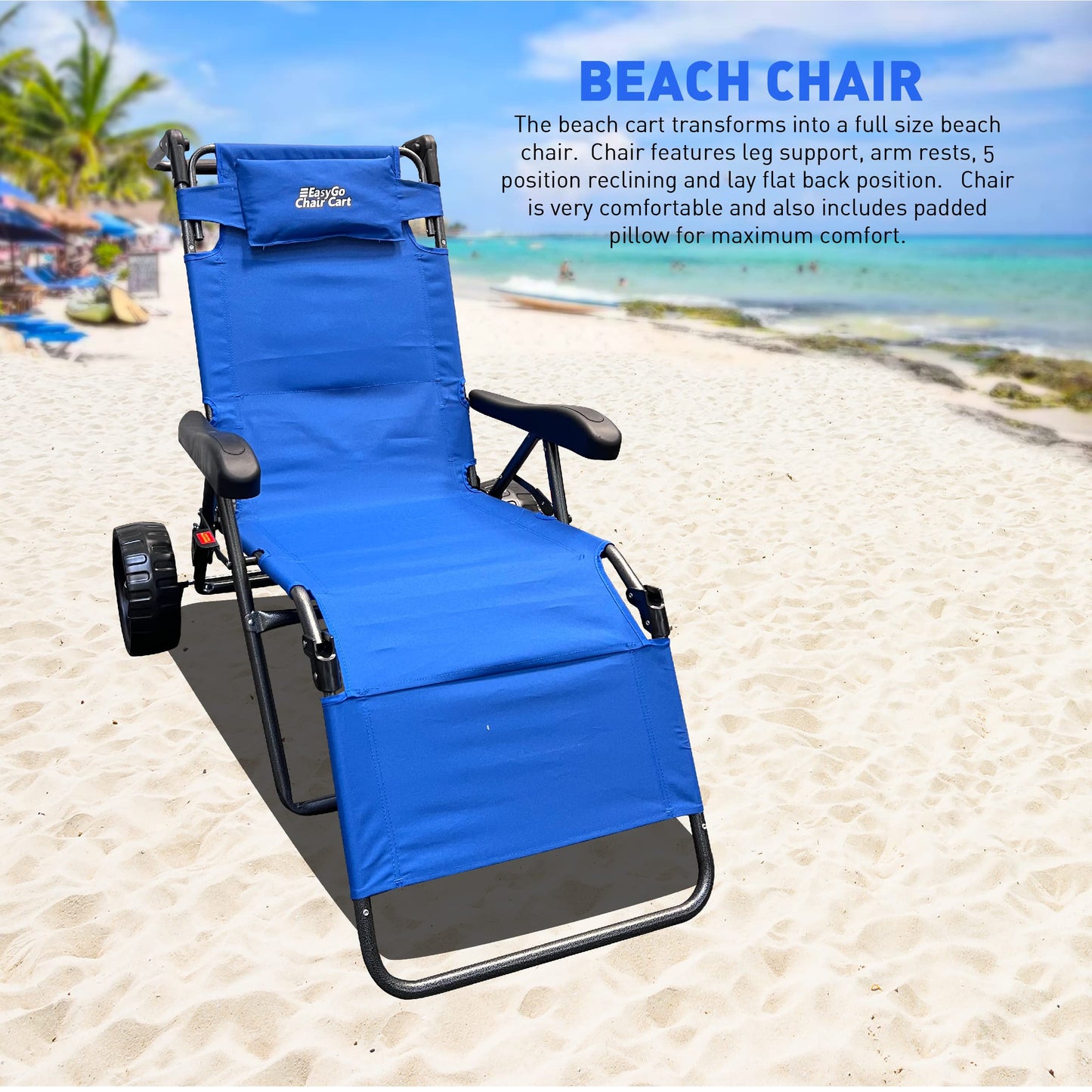 Beach Cart Chair – 2 in 1 Turns fromChair to Cart – Large Wheels – Easy to Use – Large Capacity – Blue Color
