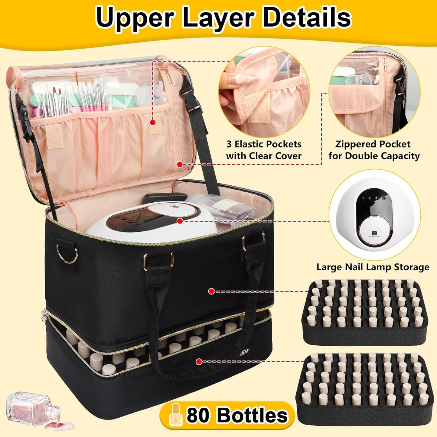 Nail Polish Organizer - Holds 80 Bottles & Nail Lamp | Double Layer Travel Case with Handle - Black & Gold