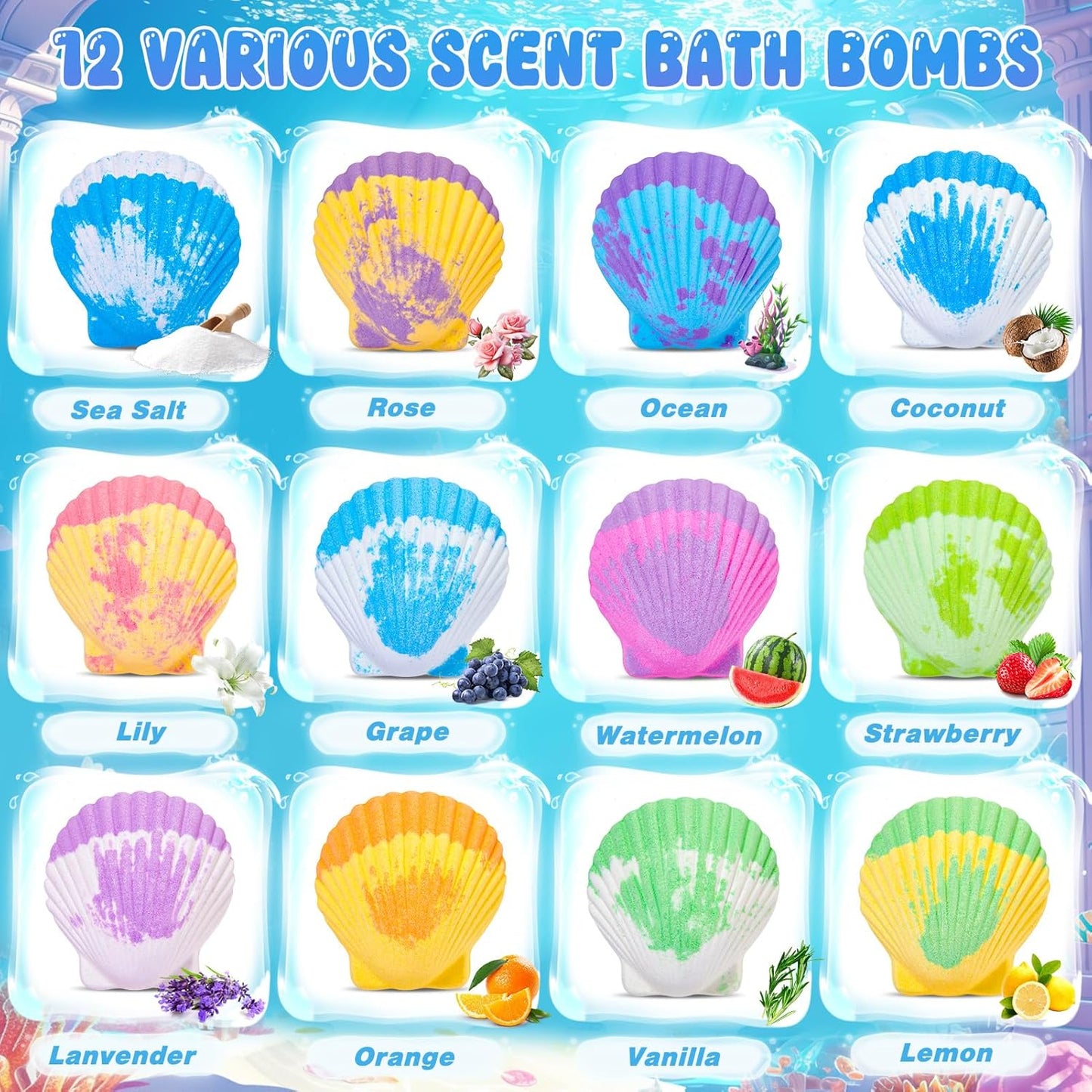 Ocean Bath Bombs for Kids - 12 Pack with Surprise Sea Animal Toys | Handmade Bubble Bath Fizzies for Boys & Girls