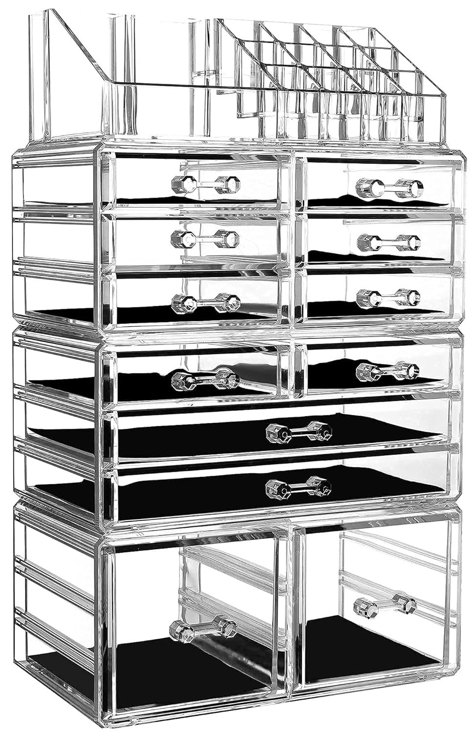 Clear Acrylic Makeup Organizer - 4 Pack Stackable 12 Drawer Skincare Storage | Cute Vanity Organizer for Hair Clips, Jewelry & Beauty Products