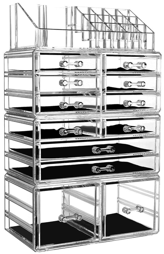 Clear Acrylic Makeup Organizer - 4 Pack Stackable 12 Drawer Skincare Storage | Cute Vanity Organizer for Hair Clips, Jewelry & Beauty Products