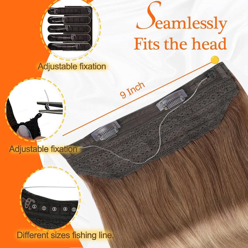 Invisible Wire Hair Extensions - 12 Inch Real Human Hair | Golden Brown to Dirty Blonde, 70g Fishing Line Secret Hairpiece