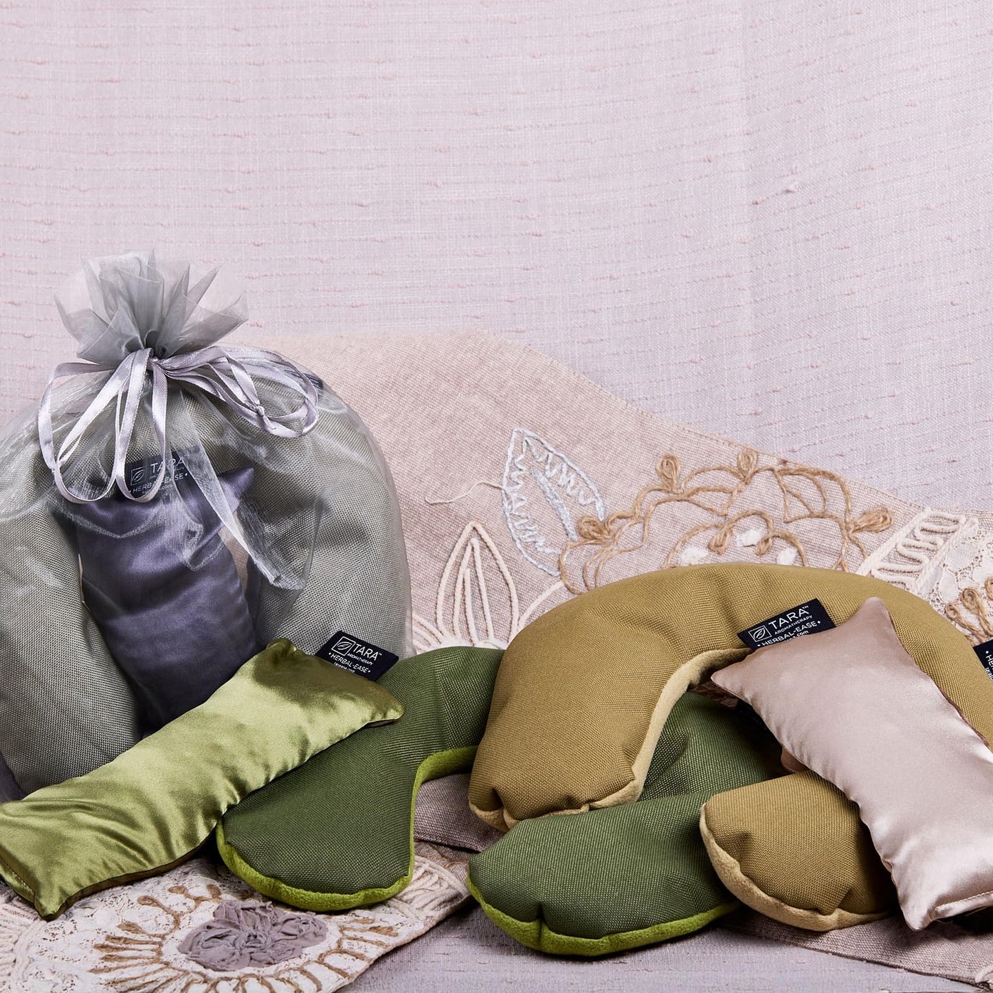 TARA Spa Therapy Herbal-Ease Aromatherapy Pillow Gift Bag Set, Neck + Silk Eye Pillow, Slate Gray