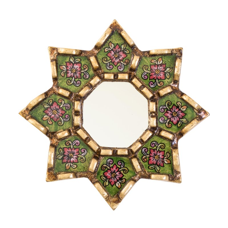 DecorContreras Green Round Wall Mirror – Peruvian Handmade Reverse Painted Glass - Small Decorative Boho Mirror for Living Room - Artisan Peruvian Wall Decor
