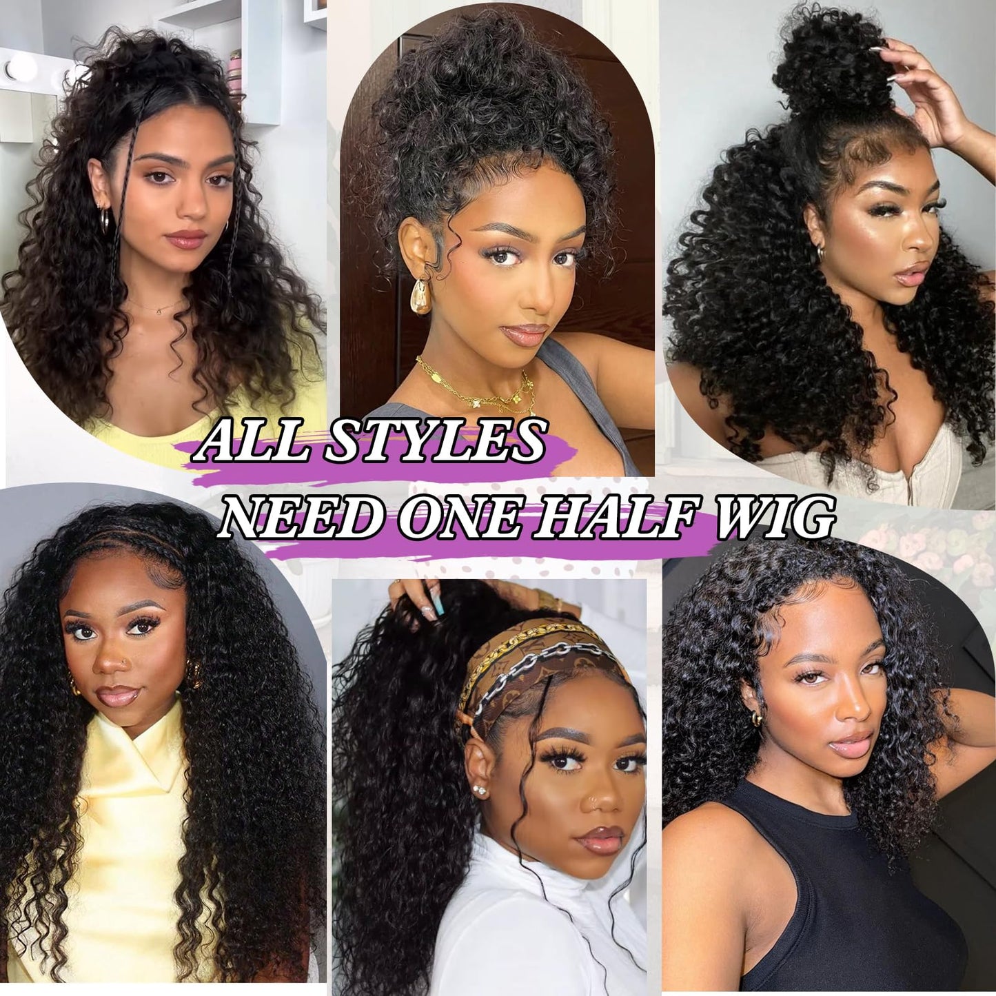 DEYNGS Synthetic Half Wig, Long Water Wave 3 In 1 Black Half Wigs For Black Women, Seamless Flip Over Glueless Beginner Friendly Deep Wavy Curly Wigs Drawstring Headband Wig for Daily Use
