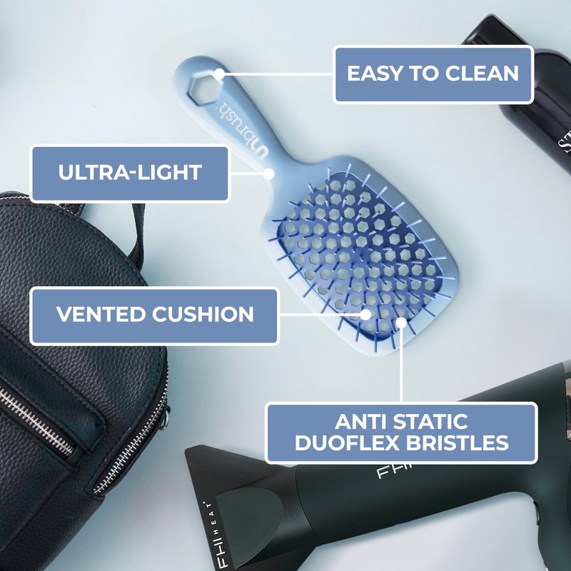 FHI Heat UNbrush Mini Detangler Brush for Pain-Free Brushing on All Wet or Dry Hair Types — Durable Duoflex Anti-Static Bristles, Lightweight Handle, Vented Mini Hair Brush, Periwinkle Light Blue