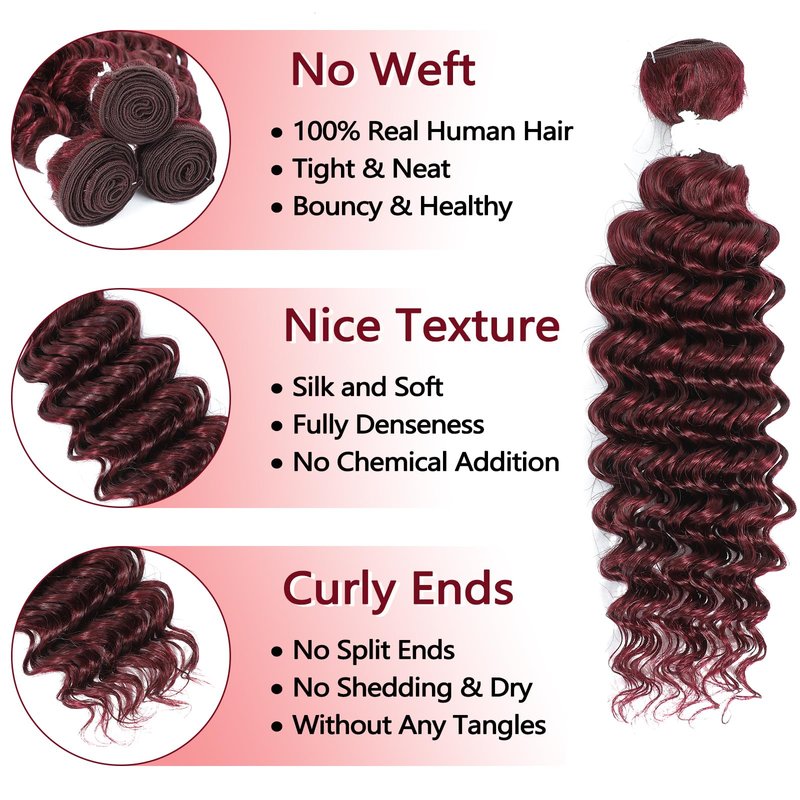 REMY HAIR FASHION Human Hair Bundles Red Deep Wave Bundles Colored #99j Burgundy Deep Weave One Bundle 14 Inch Brazilian Virgin Human Hair Extensions for Black Women