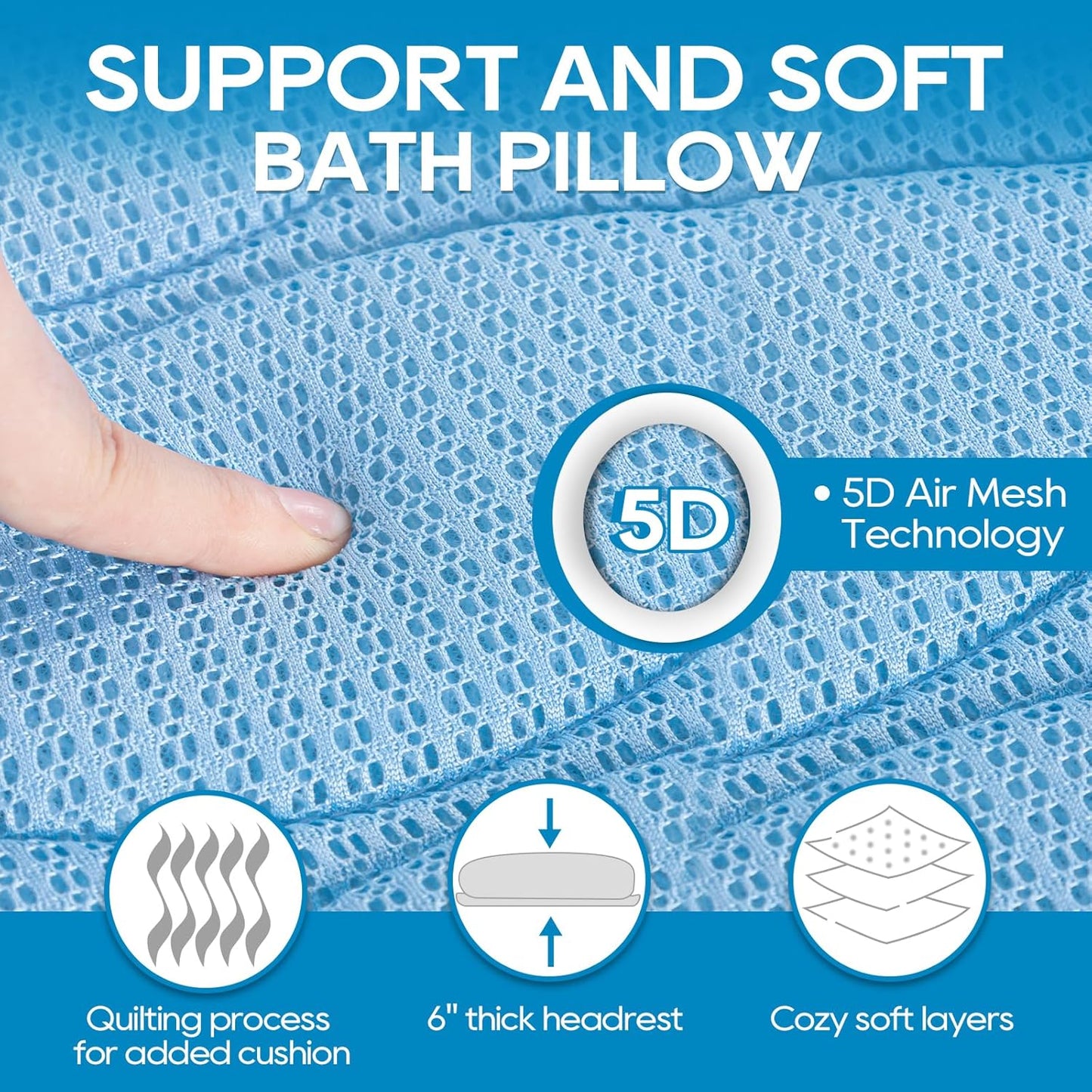 Full Body Bath Pillow - 5D Air Mesh Spa Pillow with 21 Non-Slip Suction Cups | Quick Drying, Blue