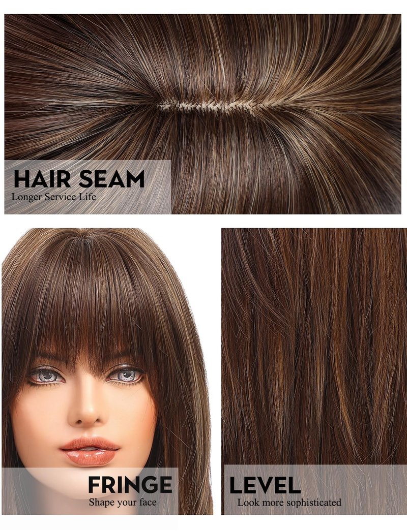 Getshow Dark Brown Wigs for Women layered Straight Wig with Bangs Natural Synthetic Hair