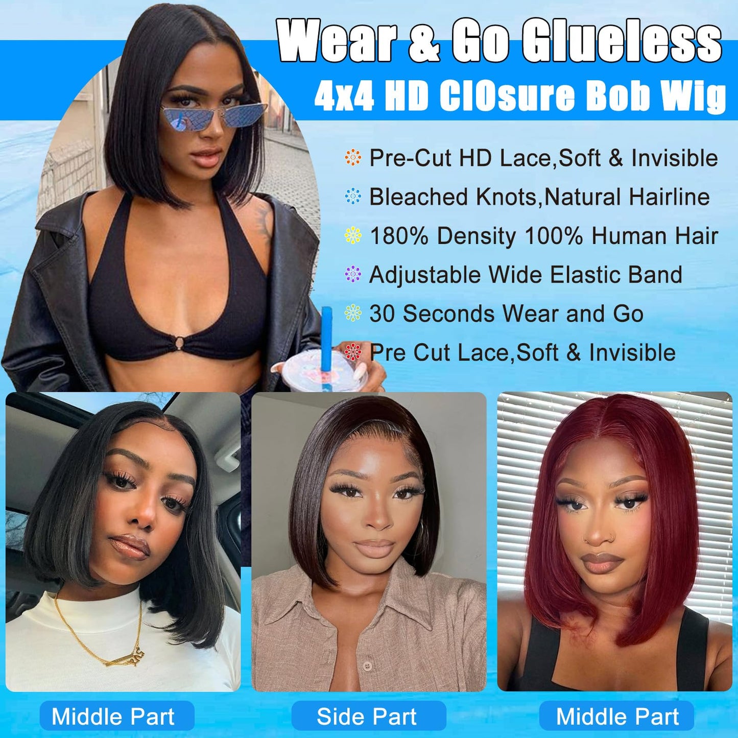 yosly Short Stright Bob Wig Human Hair Glueless Wigs Human Hair Pre Plucked Pre Cut 5x5 HD Lace Closure Wigs Human Hair Middle Part Glueless Wigs Human Hair For Black Women Natural Color 10inch
