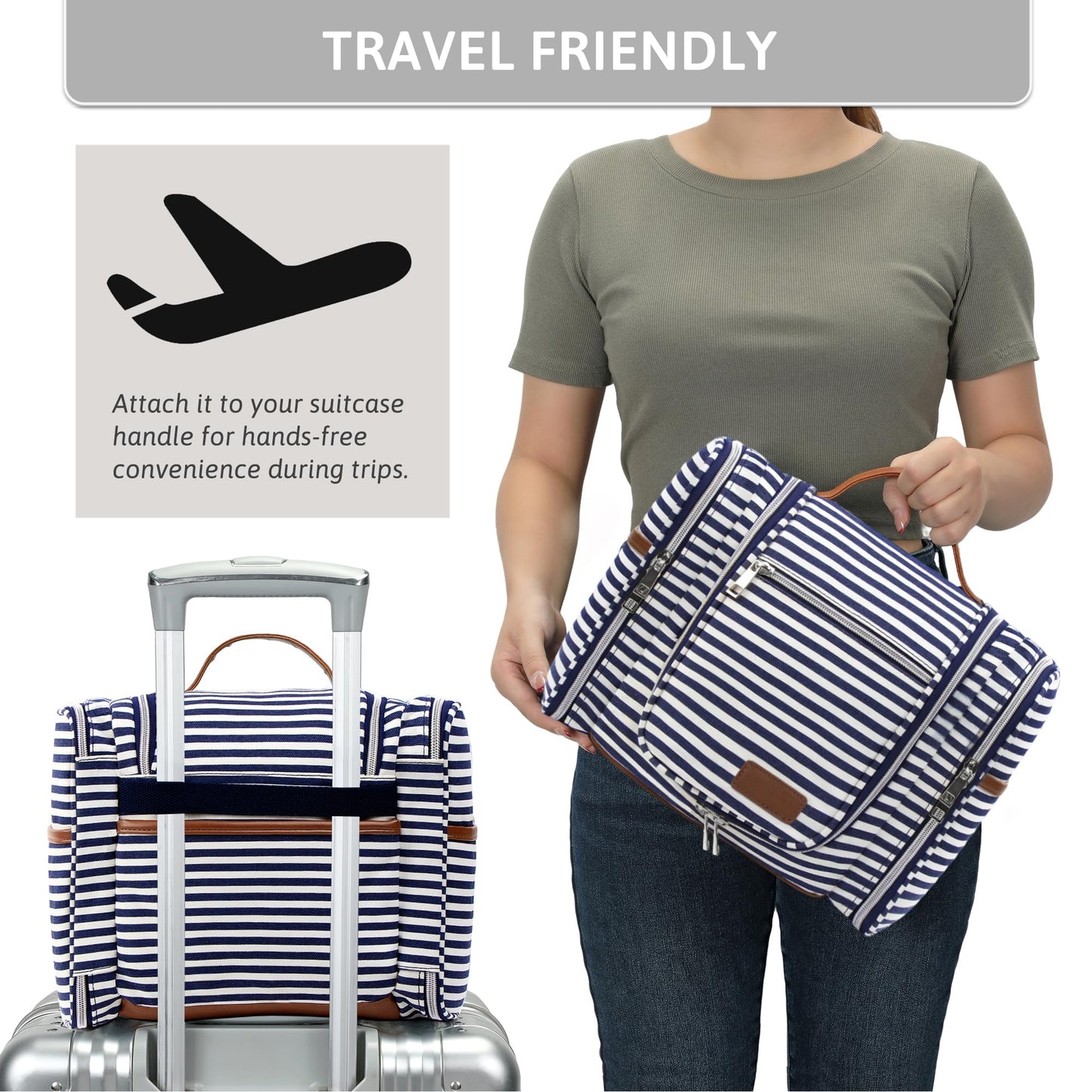 Pearl Angeli Hanging Toiletry Bag for Women and Men, Large Makeup Cosmetic Bag, Water Resistant Toiletries Travel Essentials Organizer, Full-size Container, Navy-striped