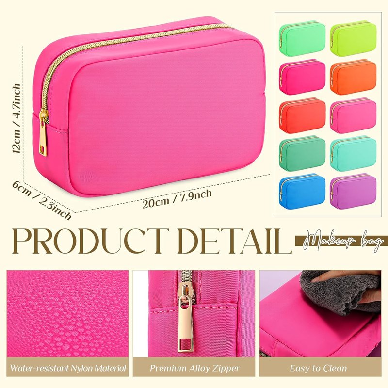Nylon Makeup Organizer Bag - 10-Piece Reusable Cosmetic Travel Purse | Large Capacity, Neon Color