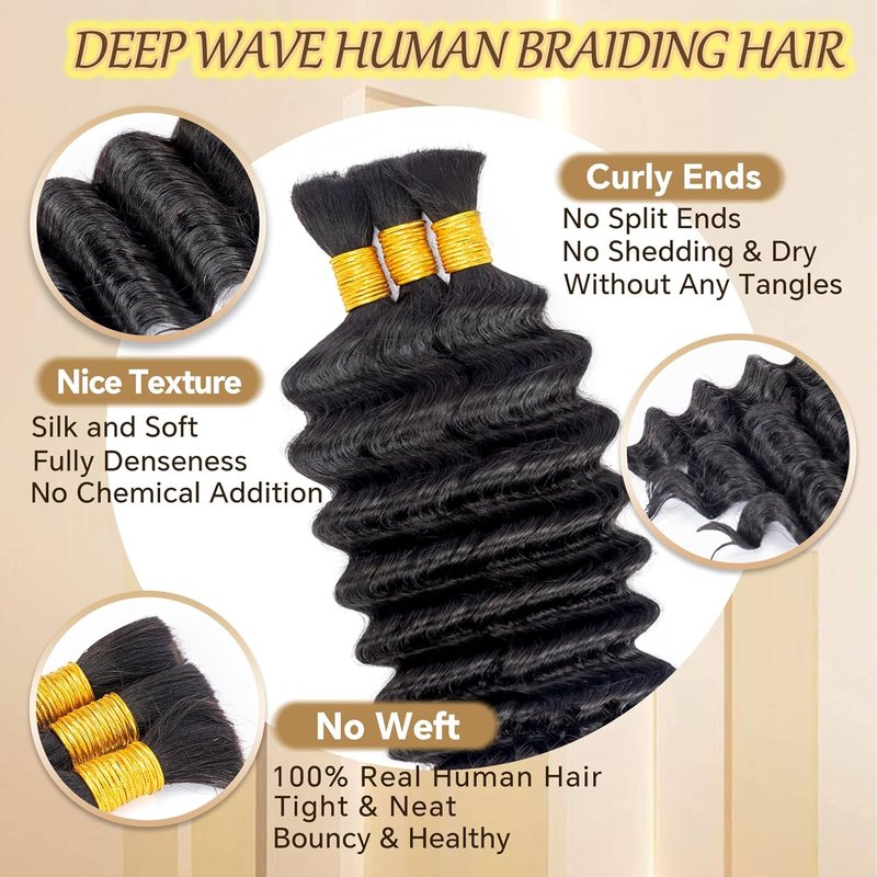 Human Boho Braiding Hair - 120g Deep Wave Bulk Curly Bundles | 16 Inch No Weft for Braids