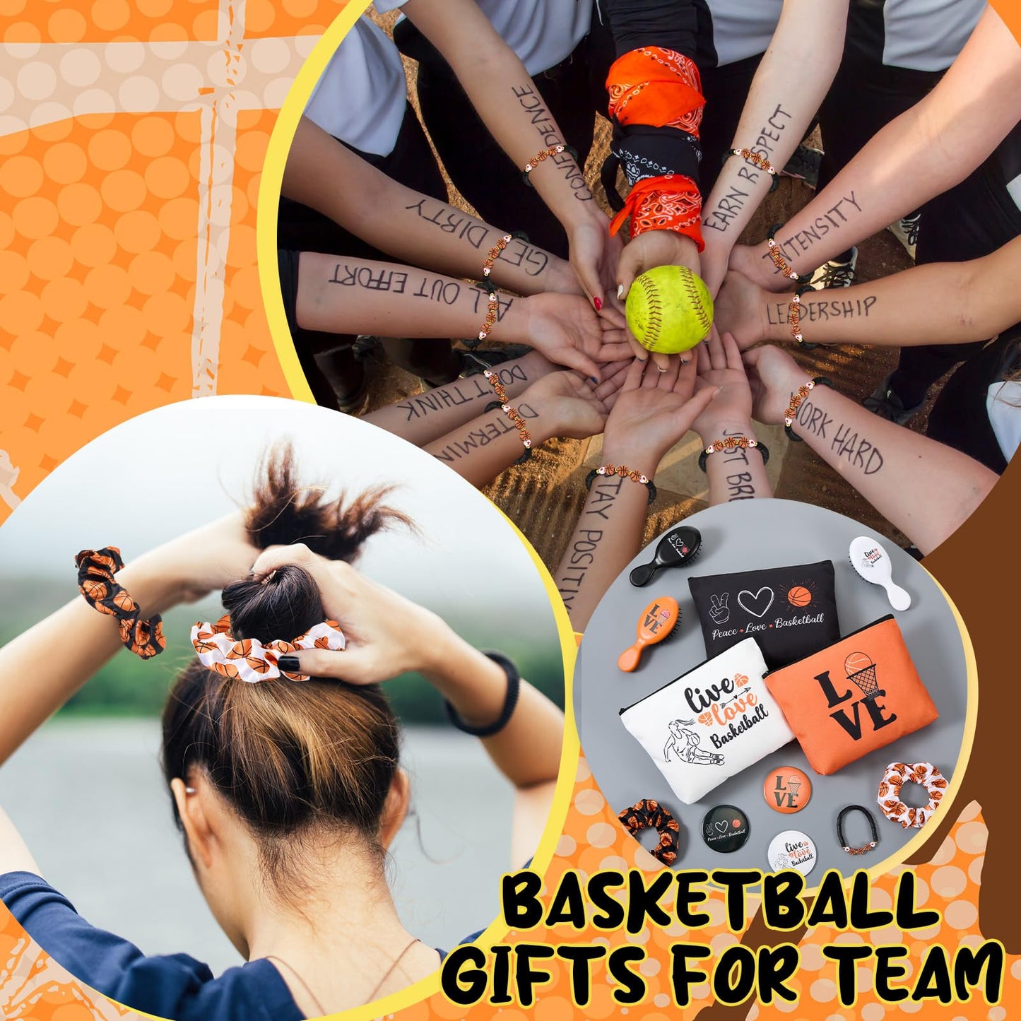 Baderke 60 Pcs Basketball Team Gifts for Women Basketball Party Favors Include Cosmetic Bags Makeup Mirror Hair Scrunchies Detangler Brush Bracelets for Women Players Sports Team Accessories
