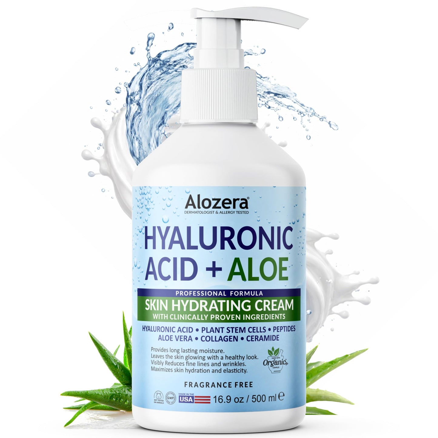 Alozera Hydrating Body Lotion with Hyaluronic Acid & Aloe Vera, Body Moisturizer Cream for Dry Skin, Refreshing Hydration, Lightweight & Fast Absorbing, No Added Fragrance, 16.9 Ounce