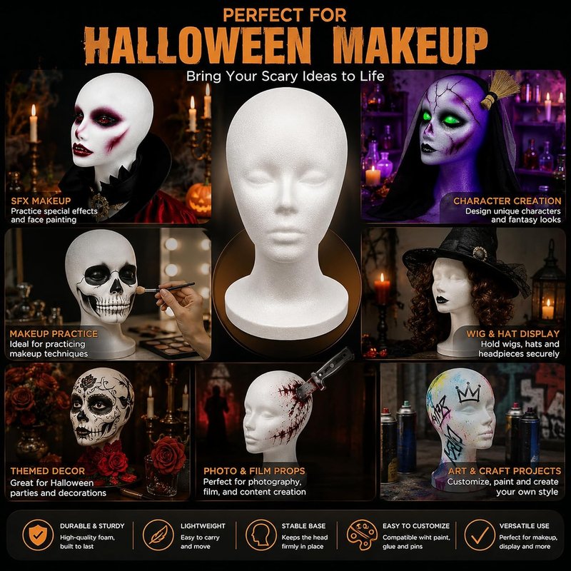 Foam Wig Head - 12-Inch Tall Female Mannequin Stand for Styling, Displaying Wigs, Hats & Masks | Perfect for Home, Salon & Travel