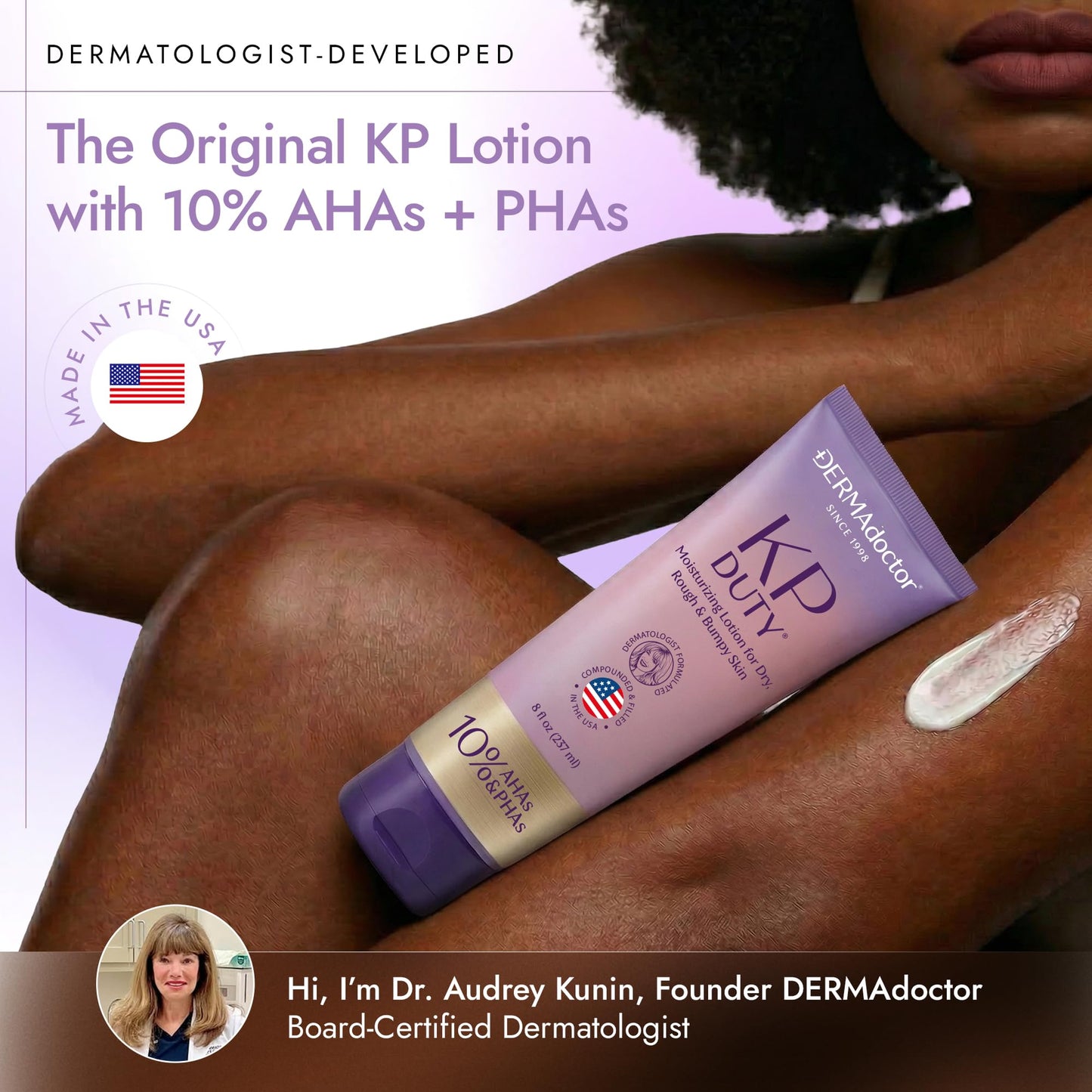 DERMAdoctor KP Moisturizing Lotion The Original Dermatologist Formulated Body Cream for Keratosis Pilaris | Treats Dry, Rough, and Bumpy Skin | Strawberry Legs Treatment | 10% AHAs + PHAs - 8 oz