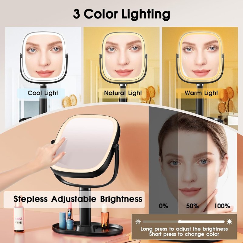 Makeup Mirror with Lights - 10x/1x Magnifying Rechargeable Desk Mirror | 3-Color Lighting & 360° Adjustable (Black)