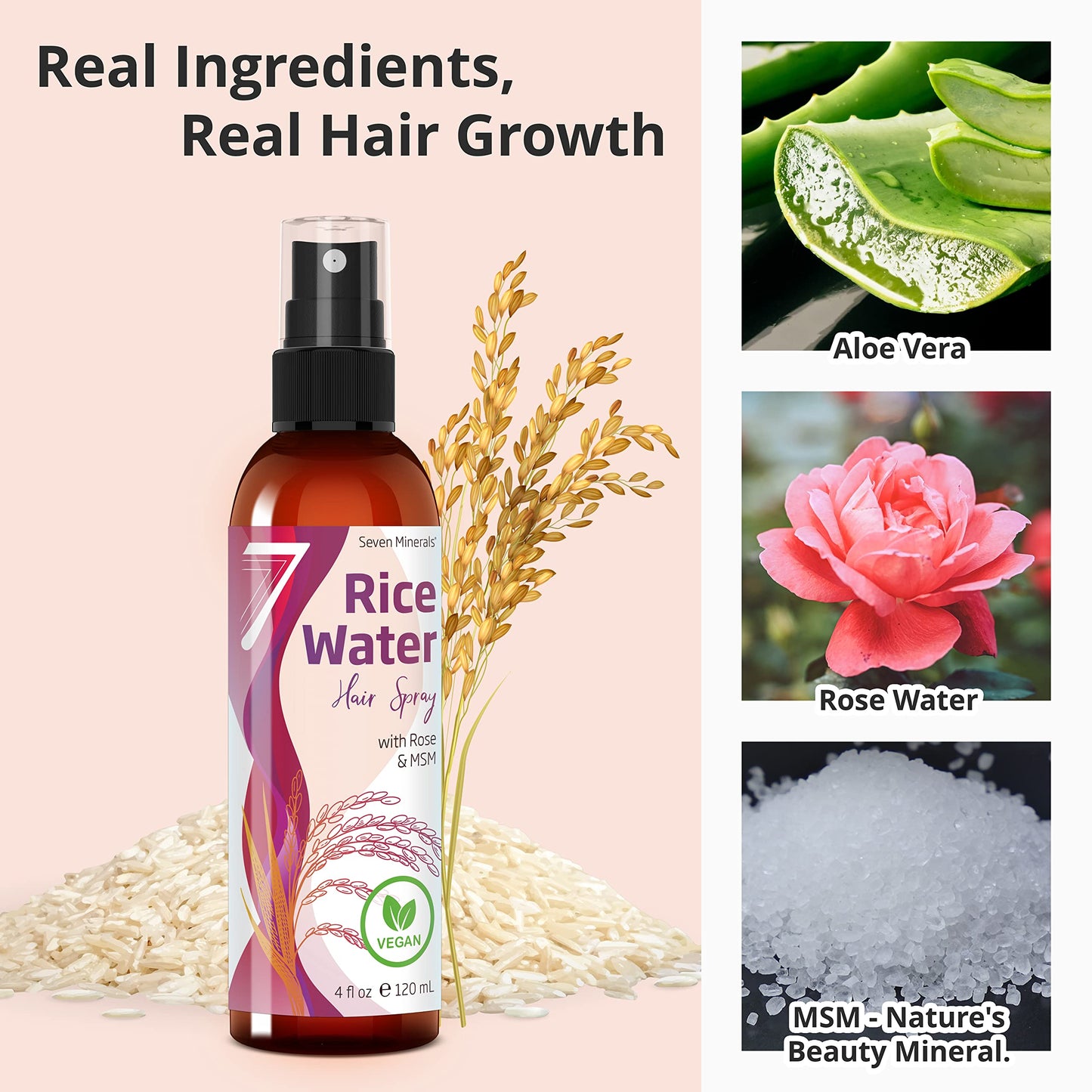 Seven Minerals Fermented Rice Water with Rose Water, Organic Aloe Vera Gel, & MSM