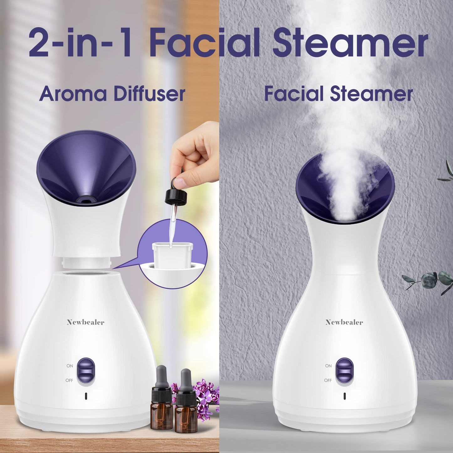 Newbealer 2in1 Facial Steamer, Hot Mist Facial Aromatherapy Humidifier Atomizer, Large Face Steamer Unclogs Pores Sinuses Moisturizing, Home Sauna Spa with Eyebrow Set (Purple, 170ml)
