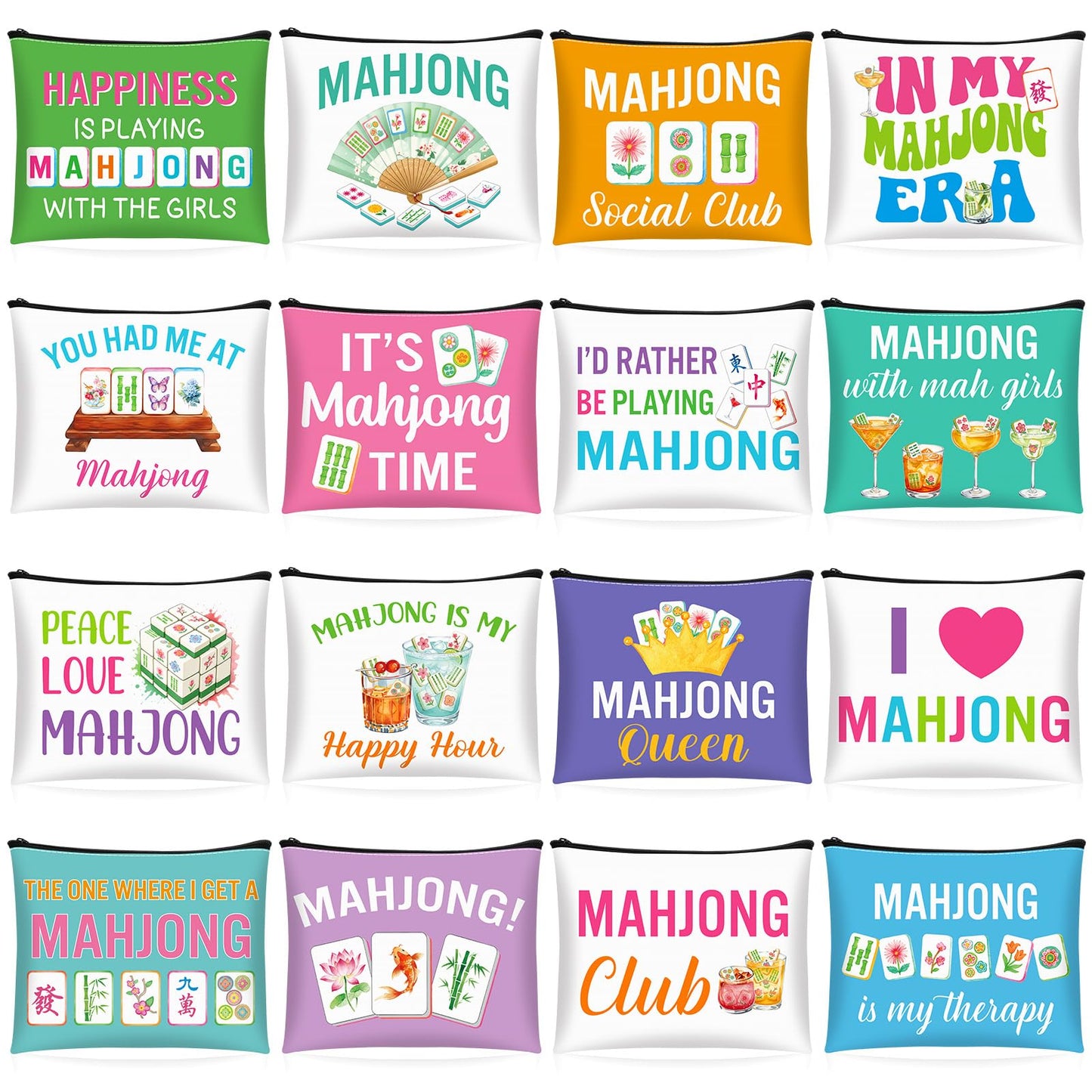 SilTriangle 16 Pcs Mahjong Cosmetic Bag Gifts for Women Mahjong Makeup Bag Mah Jong Zippered Pouch for Lover Player Mothers Birthday Party Lucky Mah Jong Gift Coquette Accessories (Styles 2)