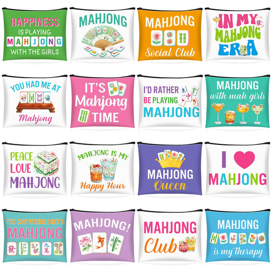 SilTriangle 16 Pcs Mahjong Cosmetic Bag Gifts for Women Mahjong Makeup Bag Mah Jong Zippered Pouch for Lover Player Mothers Birthday Party Lucky Mah Jong Gift Coquette Accessories (Styles 2)