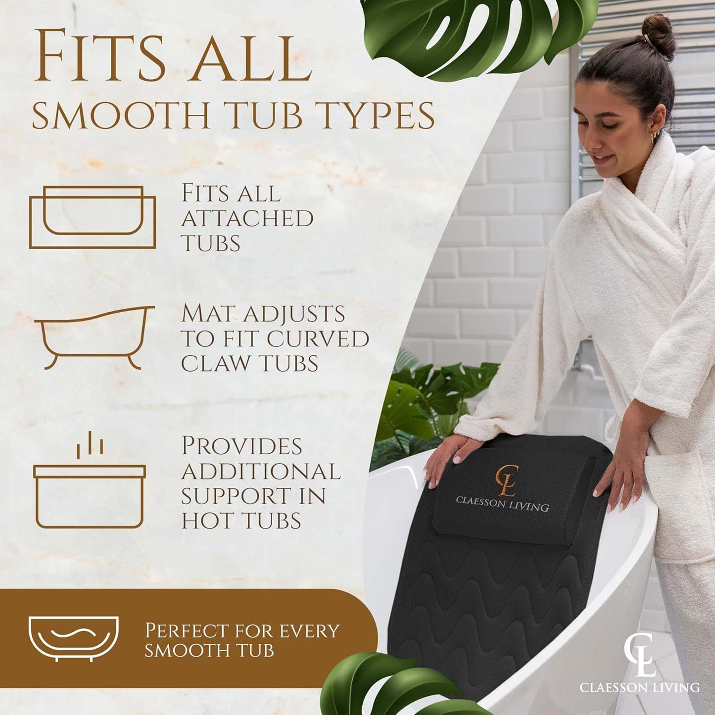 Full Body Bath Pillow - 17'' x 49'' Bathtub Cushion with Headrest for Neck, Back & Legs | Includes Hanging Hooks & Travel Bag - Black