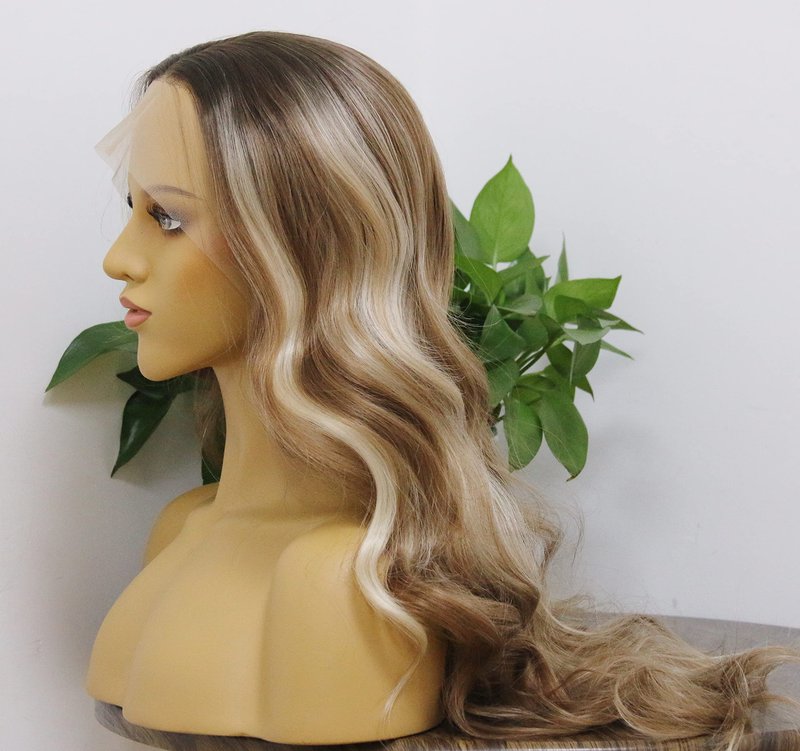 MSMYRNS Synthetic Wig HD Lace Front Wig For Women Girls Platinum Blonde Highlights Brown Loose Wavy Curly Heat Resistant Long Wig Ombre Colorful Wig Hair Replacement Unit (Light Brown Roots Version)