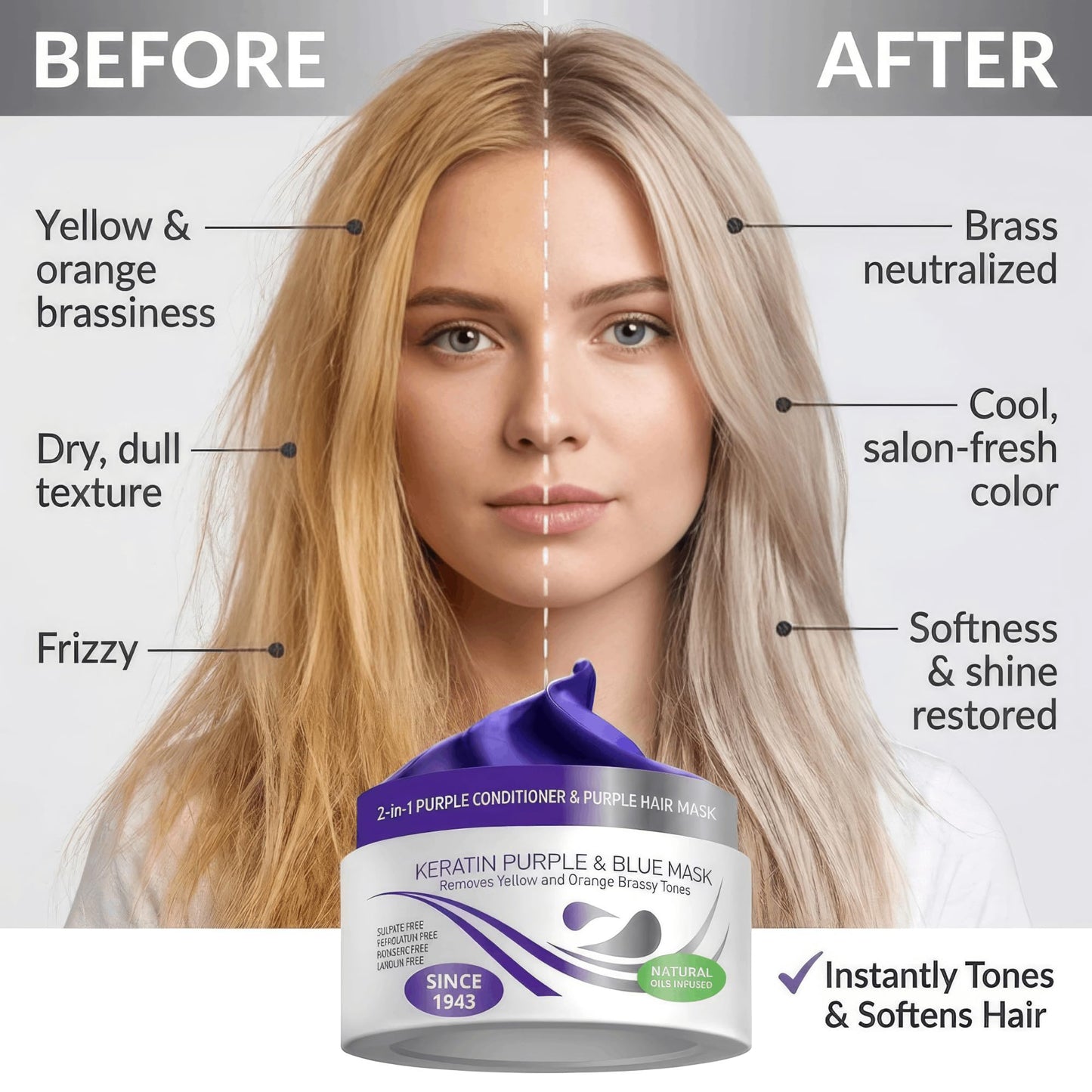 VITAMINS hair cosmetics Keratin Purple Hair Mask - Blue Hair Mask Deep Conditioner Treatment - Blonde Toner to Neutralize Brassiness in Brassy Blonde, Silver, White, Gray & Brown Locks