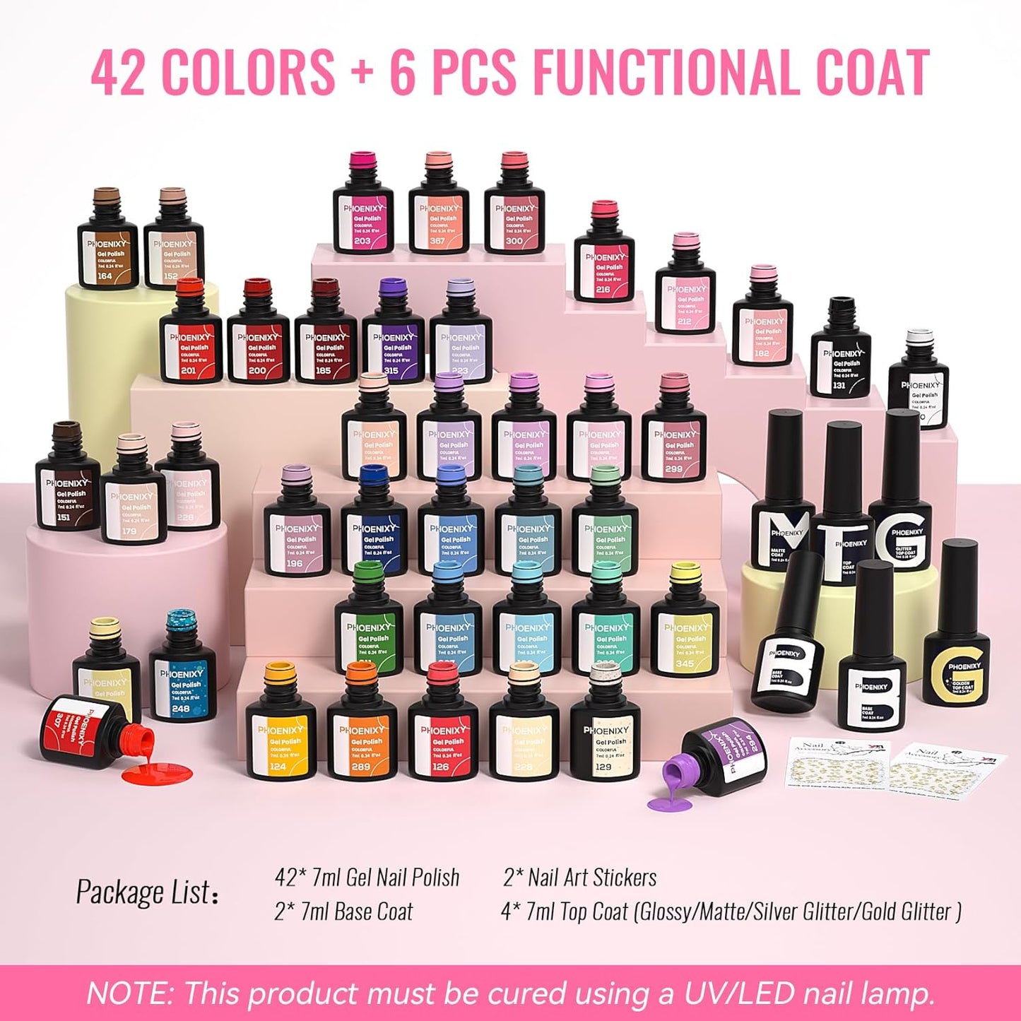 PHOENIXY Gel Nail Polish Set - 50 Pcs with 42 Vibrant Colors, Base & 4 Effects Top Coats | Perfect Nail Starter Kit for Women