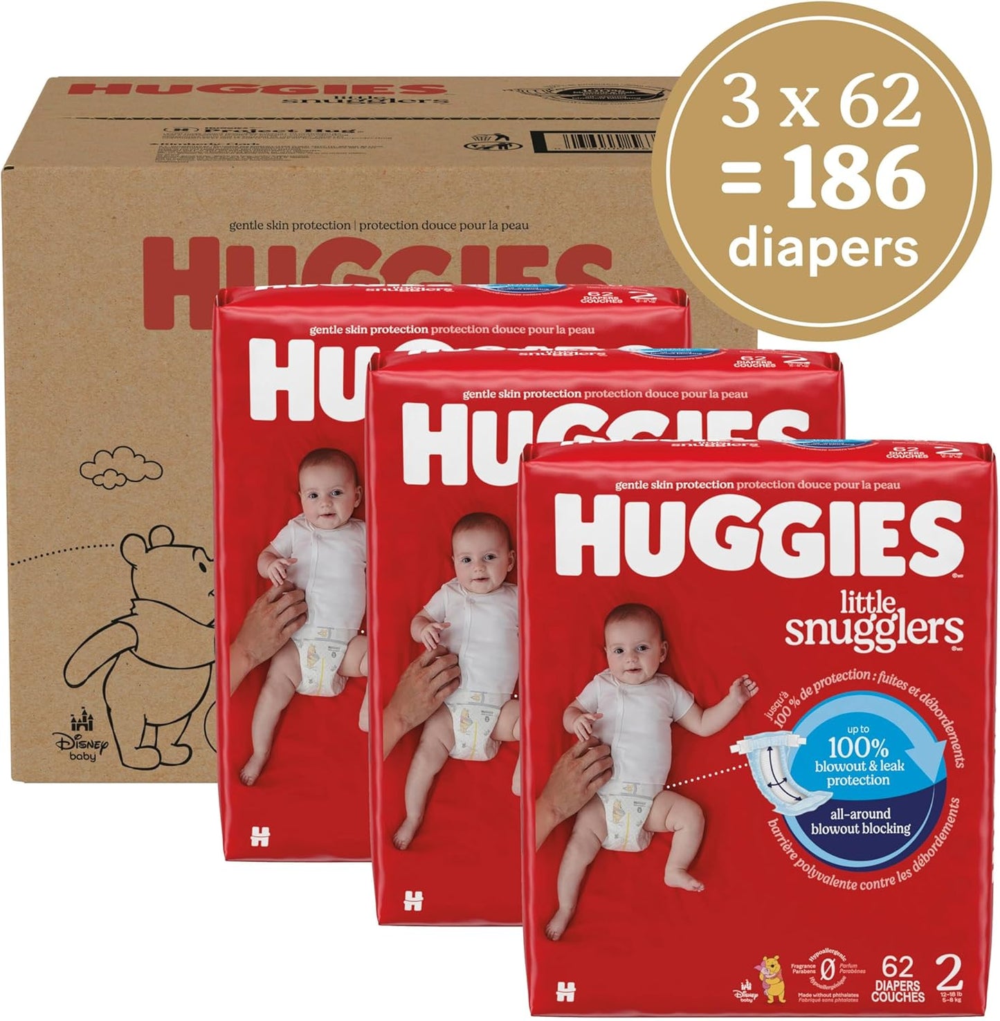 Huggies Little Snugglers Size 2 Diapers - 186 Count (12-18 lbs) | Soft & Absorbent Baby Care