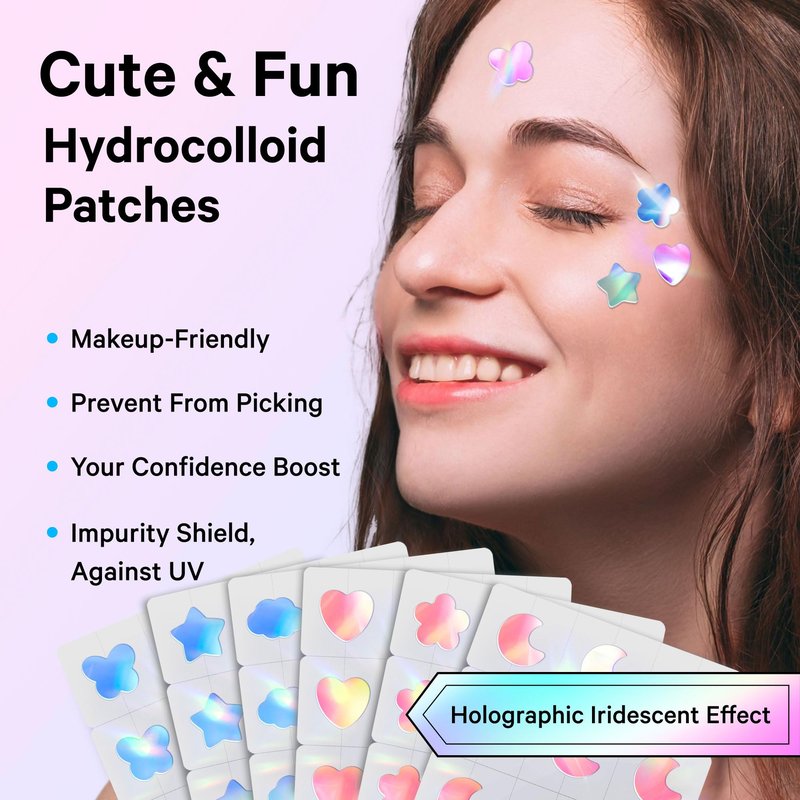 Sosky Hologram Pimple Patches for Face, Hydrocolloid Acne Patches with Salicylic Acid, Cute Star Zit Stickers,Colorful Blemish Covers,144 Count Blue Pink Star Heart Moon Cloud Butterfly Flower