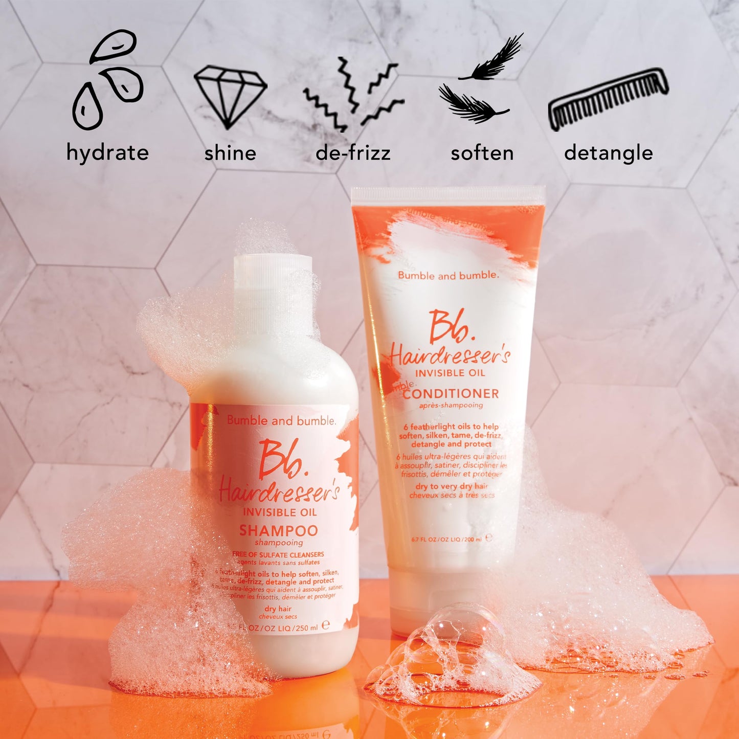 Bumble and bumble. Hairdresser's Invisible Oil Hydrating Shampoo + Conditioner + Heat/UV Protection Leave-In Conditioner Hair Primer + Styling Cream Set