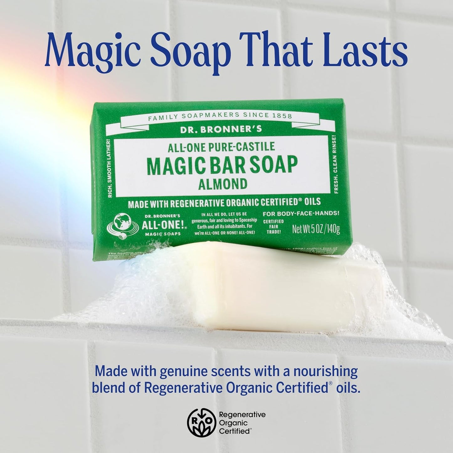 Dr. Bronner's Pure-Castile Magic Bar Soap - Almond Scent, 5 oz | Vegan & Gentle for Face, Body & Hair