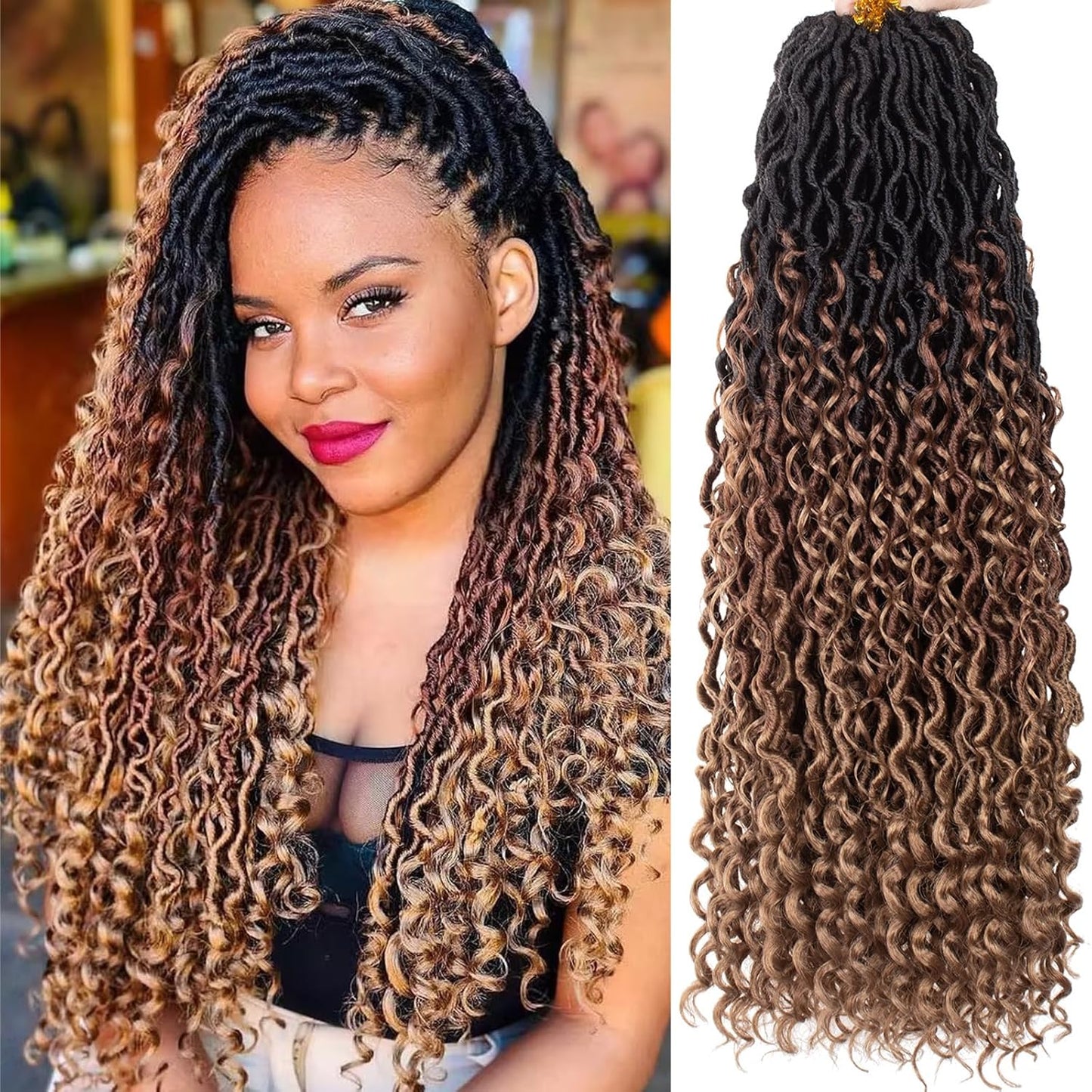 COOKOO 24 Inch Boho Crochet Hair Extensions - 8 PCS Goddess Locs with Curly Ends | Synthetic 1B/30/27
