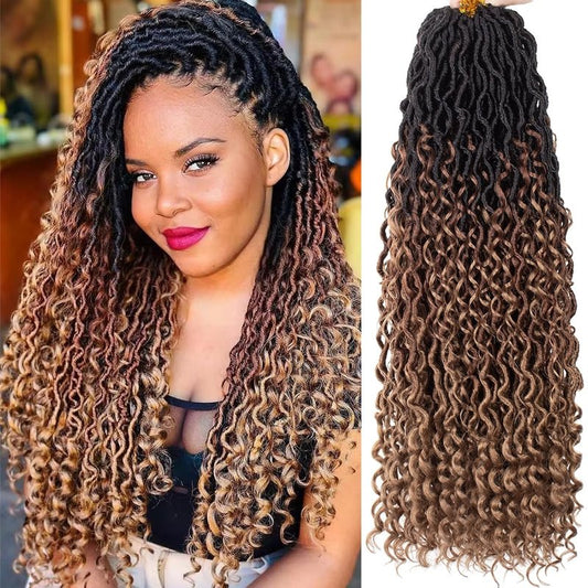 COOKOO 24 Inch Boho Crochet Hair Extensions - 8 PCS Goddess Locs with Curly Ends | Synthetic 1B/30/27