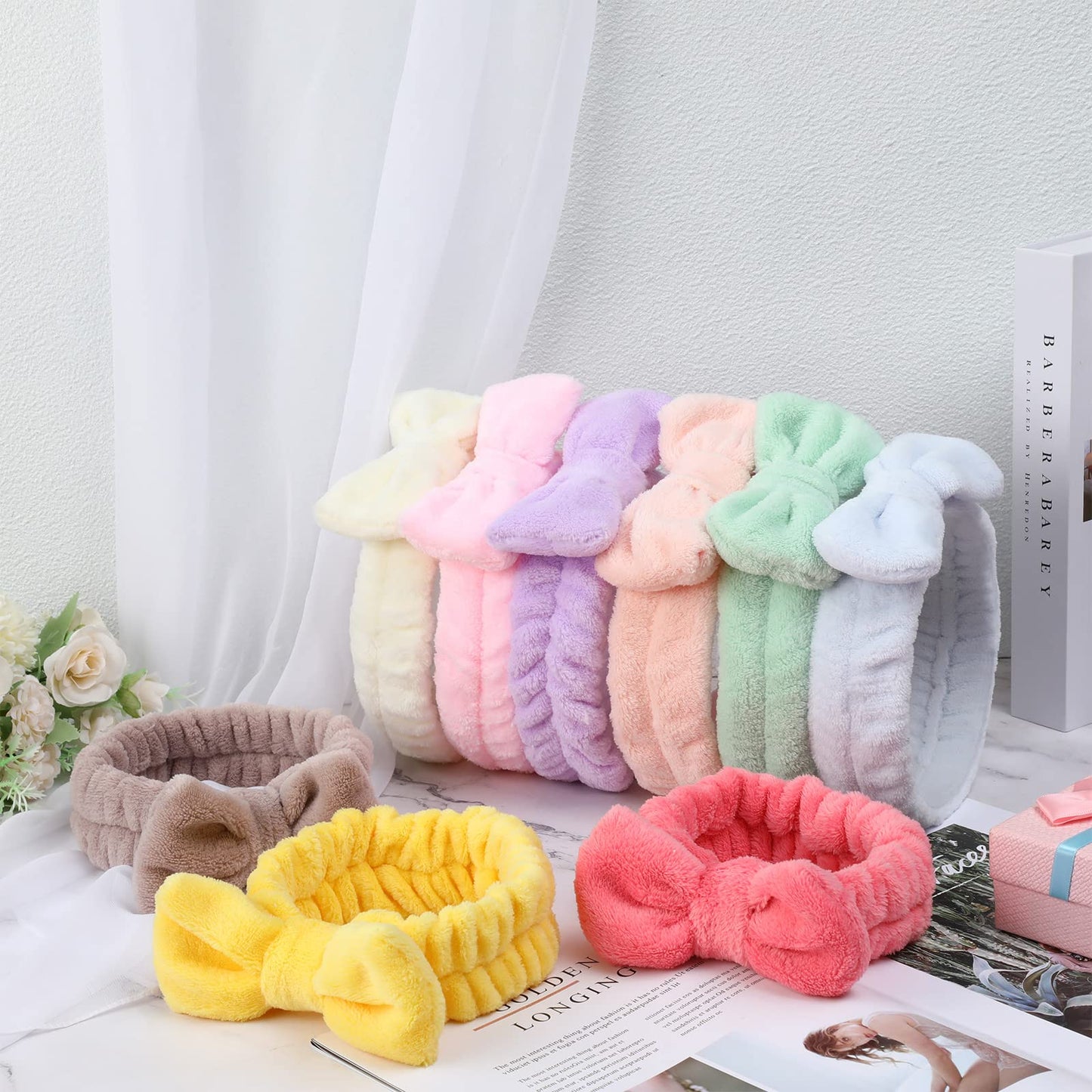 Yinder 40 Pack Bow Spa Headband Coral Fleece Makeup Headband Soft Face Wash Headbands Cosmetic Skin Care Headbands Facial Head Wraps Cute Bow Head Bands for Women Girls Shower Supplies (Pure Style)