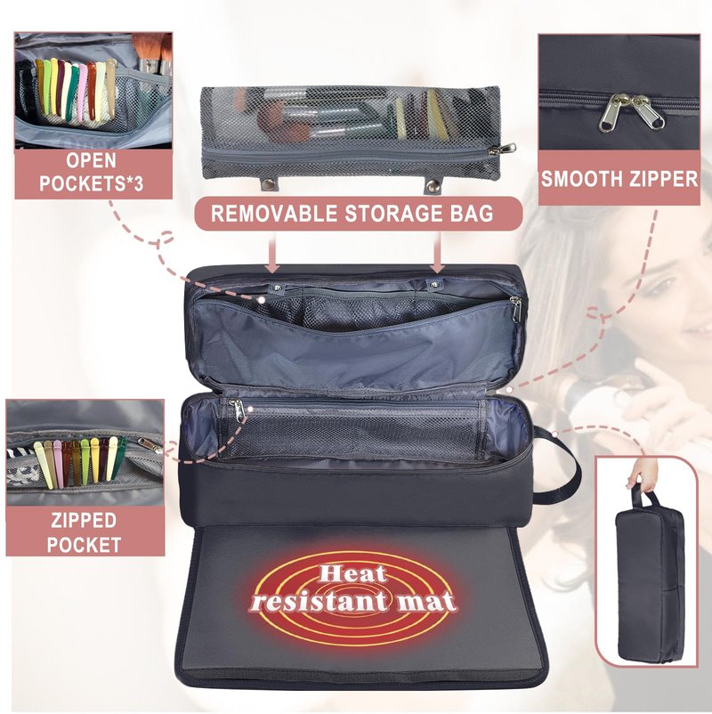 FAMOPLAY Hair Tools Travel Bag with Heat Resistant Mat Hair Styling Accessories Storage Case for Hair Dryer Flat Iron Straightener Curling Iron Haircare Accessories Travel Essentials for Women