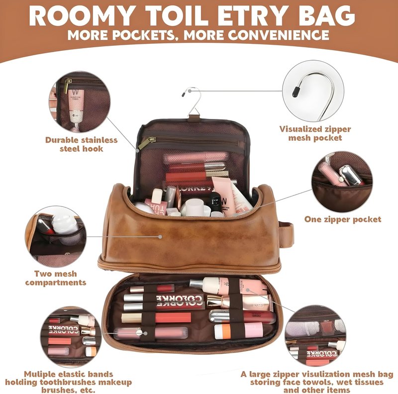 Travel Toiletry Bag for Man, Leather Waterproof Toiletry Bag, Gift for Man, Hanging Travel Bag, Gym Travel Bathroom Toiletry Bag Dropp Kit (COFFEE)