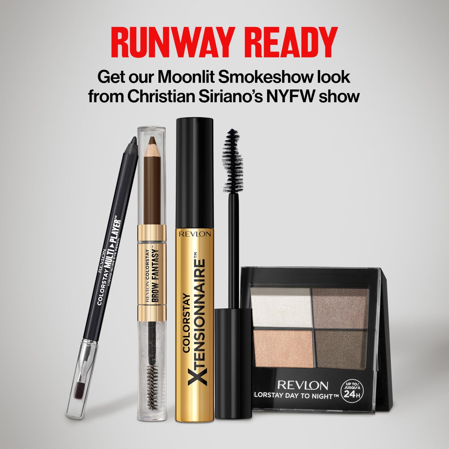 Revlon Moonlit Smokeshow Bundle as featured in Christian Siriano’s NYFW show, ColorStay Eyeshadow Quad, Multiplayer Eye Pencil, Xtensionnaire Mascara, and Brow Fantasy, Pack of 4
