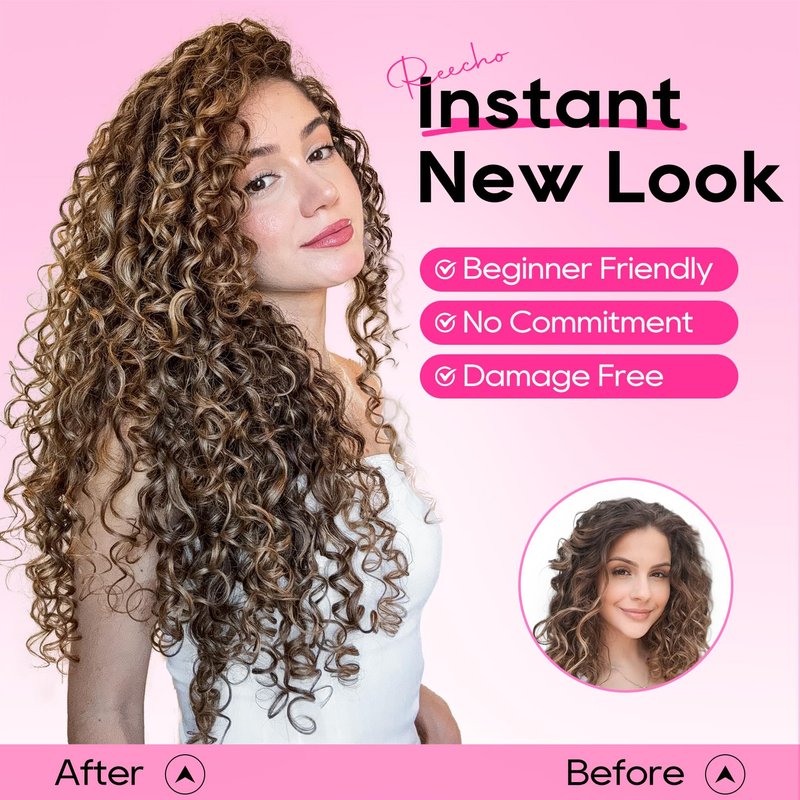 REECHO Curly Hair Extensions - 4PCS 18" GoGo Curly Clip in Hair Extensions 100% Super Protein Hairpieces with Invisible Lace Weft Silky Soft Natural Look for Women - Black Brown
