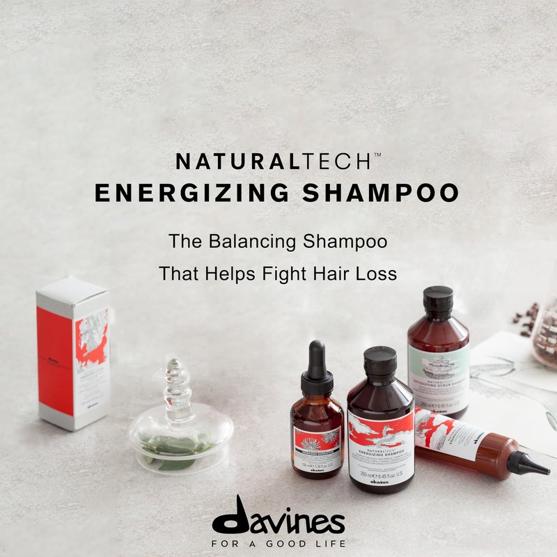 Davines Naturaltech Energizing Shampoo, Stimulating & Fortifying for Thinning Hair & Hair Loss - With Caffeine Phytoceuticals - Gentle Cleanser for Fragile Scalp, 8.45 Fl Oz