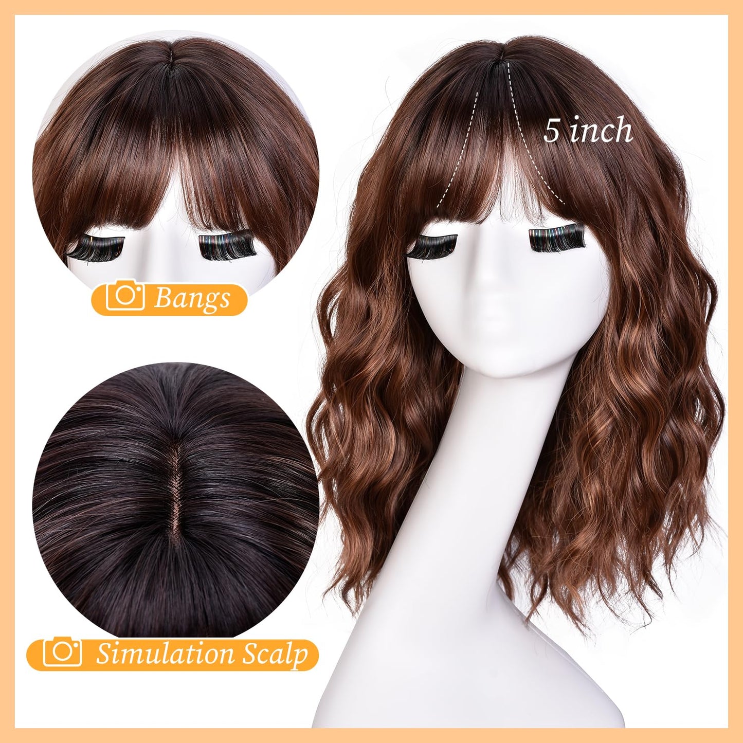Short Bob Wavy Wig for Women - 18-Inch Highlight Brown Wig with Bangs | Shoulder-Length Hair for Halloween & Daily Wear