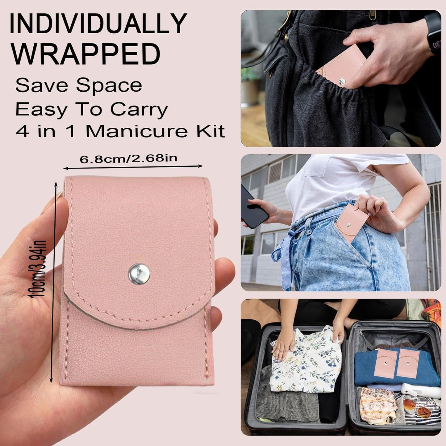 Travel Manicure Set - 24 Sets Professional Nail Clipper Kit | 4-in-1 Stainless Steel with Case, Individually Wrapped (Pink)