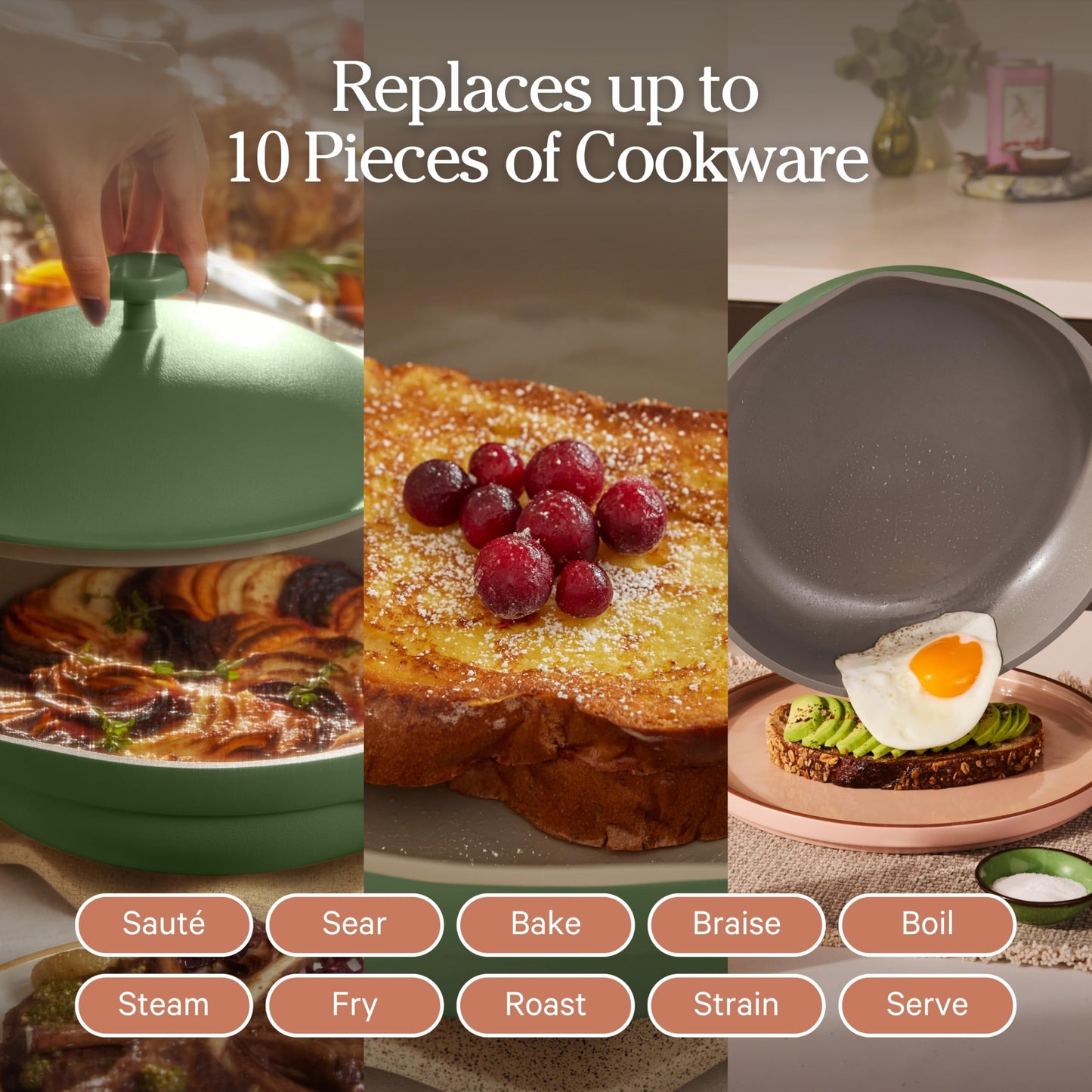 Our Place Always Pan 2.0 | 10.5" Ceramic Pan with Modular Lid, Steamer Basket & Spatula | Patented 10-in-1 Nonstick, Non-Toxic Cookware Made Without PFAS | Induction & Oven-Safe up to 450°F | Sage