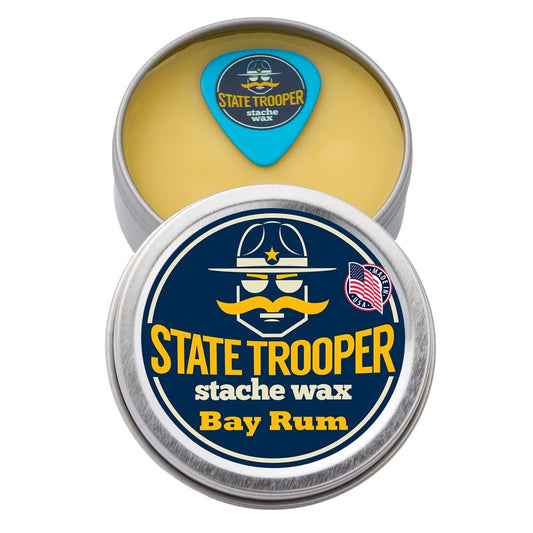 State Trooper Bay Rum - Medium Hold Mustache Wax with Beeswax, Coconut Oil & Lanolin – Natural Moustache Grooming & Styling - Nourishing Moustache Conditioner & Sculpting - 2 Ounce Tin