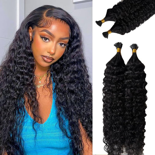 Water Wave I Tip Hair Extensions Human Hair Cold Fusion Itip Flawless Microlinks Curly Hair Extensions Invisible Blends Naturally Individual Strands for Black Women 50G 18Inch Black