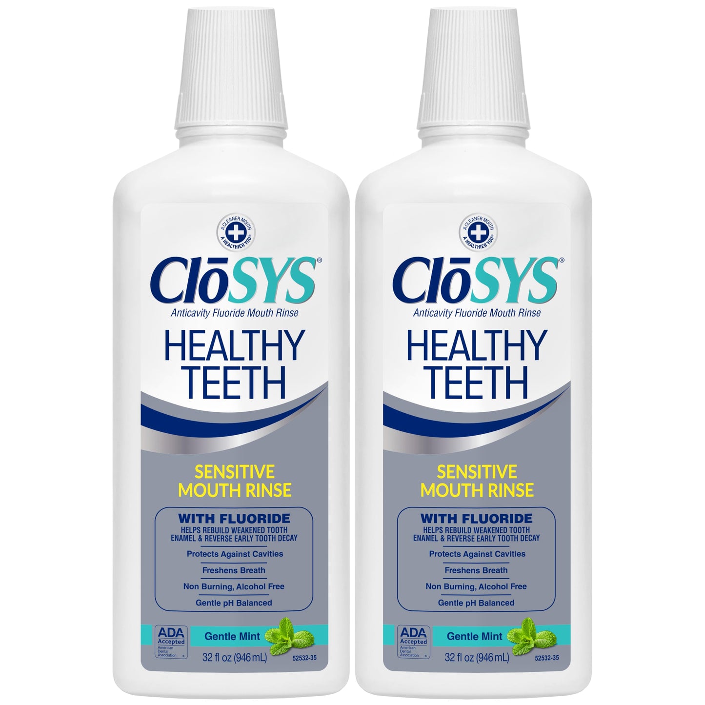 CloSYS Silver Healthy Teeth Anti-Cavity Oral Rinse, 32 Fl Oz (Pack of 2), Fluoride Mouthwash For Adults, Non-Burning, Non-Irritating